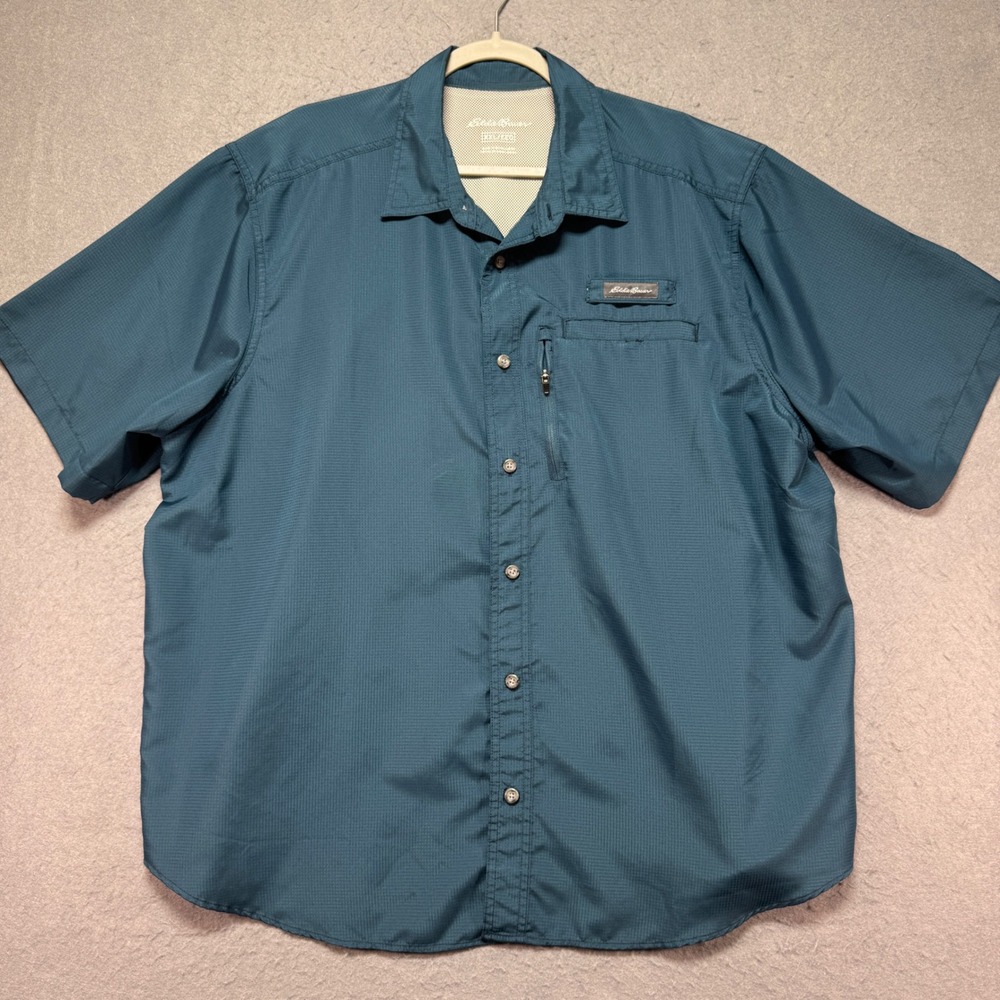 Eddie Bauer Mens Short Sleeve Button Up Shirt‎ Teal Blue Plaid Pocket Zip XXL